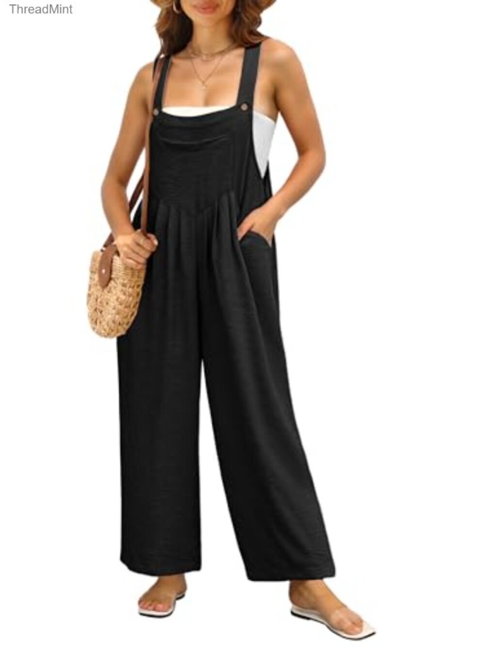 Women's Boho Wide Leg Overall Jumpsuit Casual Loose Fit Romper with Pockets